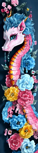 Free dragon bookmark featuring a pink dragon with blue hair